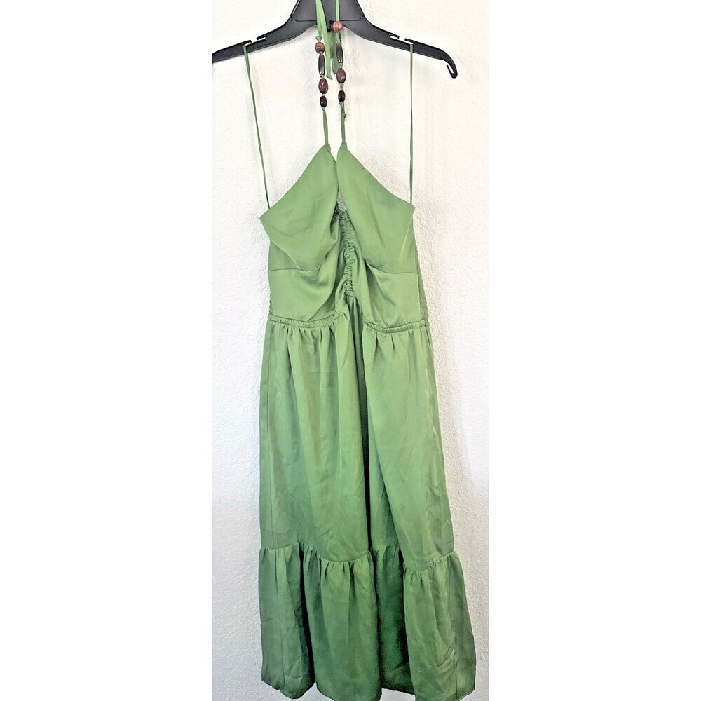 1.STATE Women's Beaded Halter Neck elasticized waist Midi Dress Pockets Green 2 - Picture 6 of 13